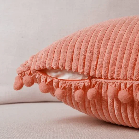 Coral Pink Corduroy Luxury Velvet Pompom Bed/Sofa Throw Pillow Cover/Case Set - Picture 4 of 8